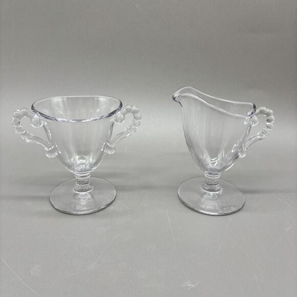 Imperial Candlewick Creamer Sugar Set Clear Glass Beaded Handle 1930s Pedestal - Picture 1 of 7